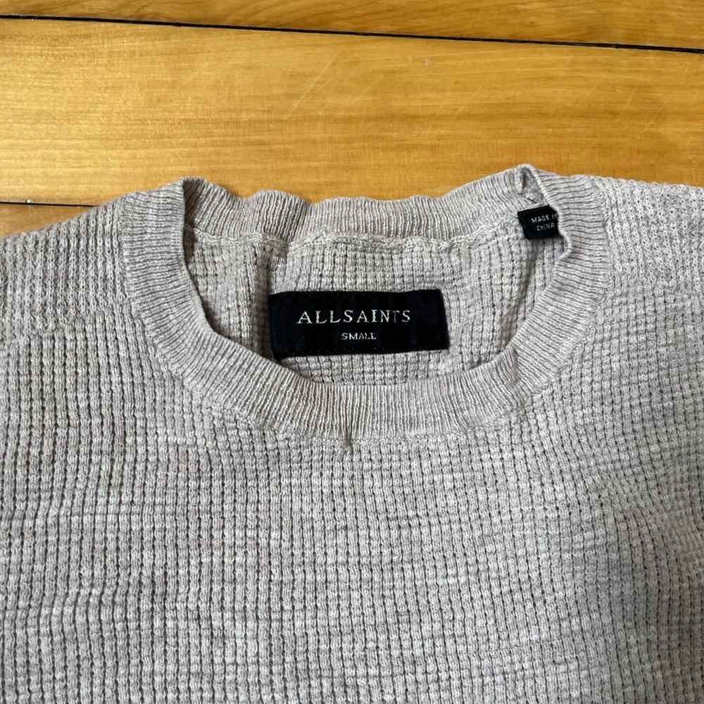 AllSaints Mens Light Grey Waffle Knit Crewneck Sweater Small Long Sleeve